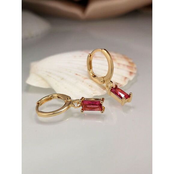 Emerald Cut Ruby Red Glass Earrings Dangle Drop Goldtone Hoop Delicate Feminine - Picture 2 of 7